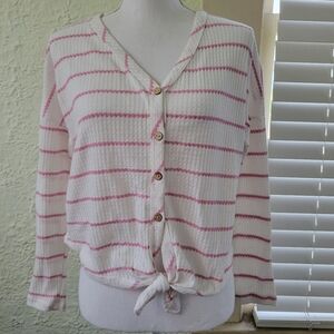 Paper Crane waffle Knit Pink/white striped bottom tie long sleeve shirt Size S.